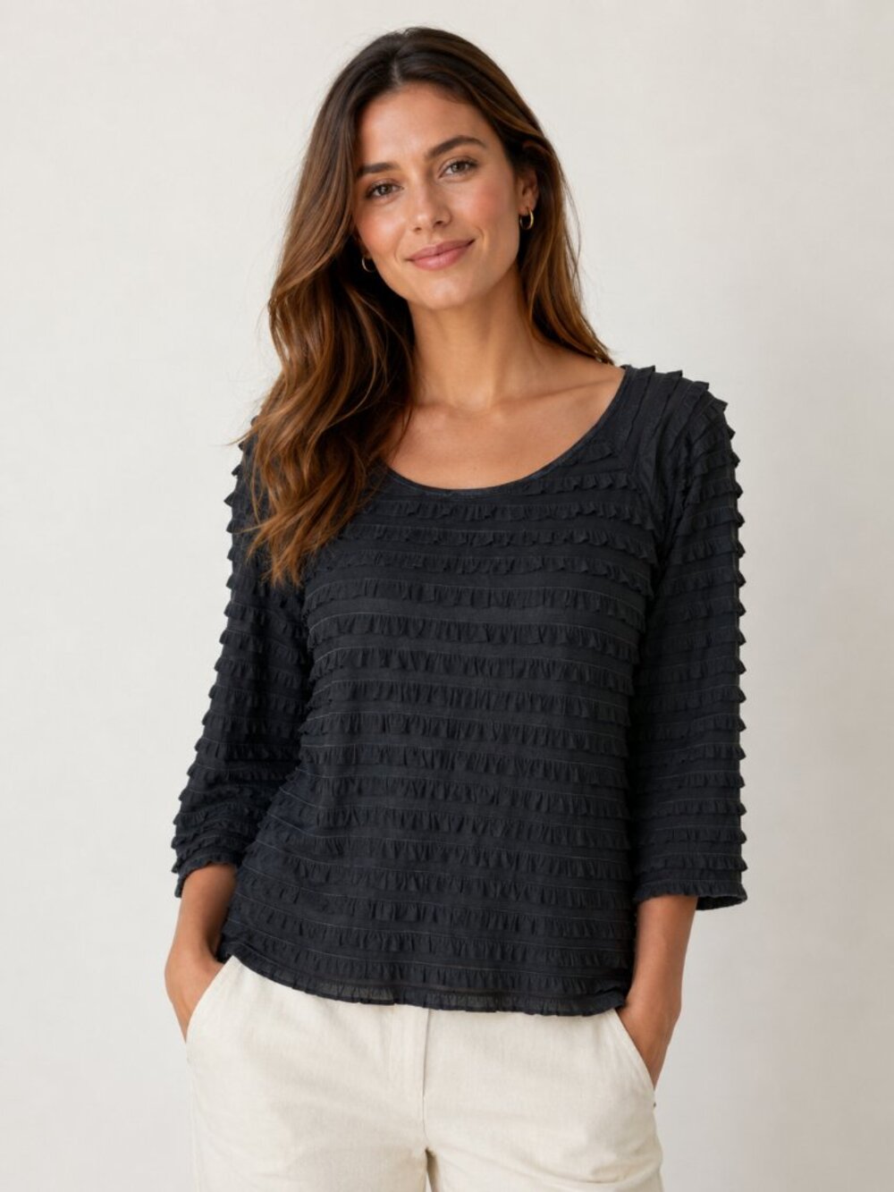 Moa Moa Women’s Black Ruffle Layered Scoop Neck Top